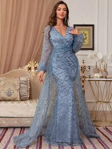 V-Neck Long Sleeve Heavy Sequined Maxi Evening Party Dress Woman Formal Ball Gown Elegant Prom Wedding Guest Dress, For Graduation, Dinner - Dusty Blue - View 6