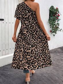 SHEIN Clasi Women's Short Front Long Back Hem Leopard Print Asymmetrical Neck One Shoulder Summer Blouse