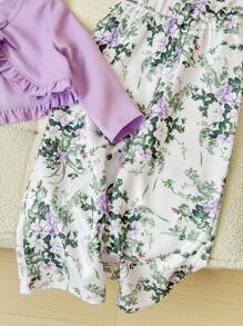 SHEIN Conjunto de cárdigan corto casual y mono tejido de tirantes con estampado floral sólido para niña joven - Lila Púrpura - Ver 5