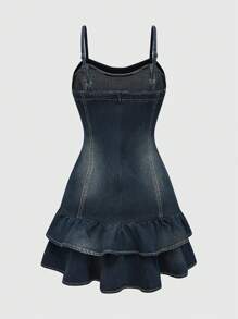 ROMWE Kawaii 女式夏季休闲水洗牛仔连衣裙，带荷叶边下摆和细肩带，学校 - 寶藍色 - 查看 2
