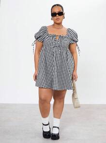 Forever 21 Kích thước lớn Checkered Cổ áo vuông Dây thắt lưng Bong bóng Tay áo Đầm - Đen và trắng - Xem 5