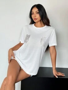SHEIN Essnce Women's Short Sleeve T-Shirt With Heart Shaped Beads, Rhinestone And Tassel Embellishments, Spring/Summercasual - White - View 3