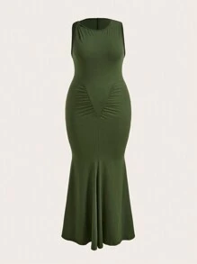 Slaydiva Vestido elegante y ajustado para mujer de talla grande en color verde para fiestas y citas, sin mangas con hombro asimétrico volteado, cintura plisada y rotura de costura, con dobladillo de cola de pez, para primavera y verano - Verde - Ver 5