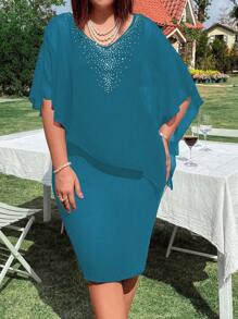 SHEIN LUNE Plus Size Sequin Decorated V-Neck Patchwork Knit & Chiffon Bodycon Mini Dress - Blue - View 3