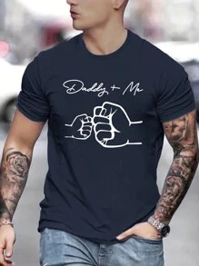Camiseta de manga corta casual de cuello redondo para hombre con estampado de gesto de mano y letras de verano - Azul Marino - Ver 2