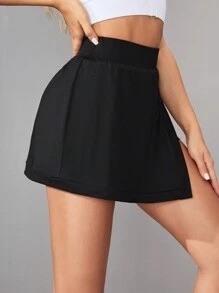 SHEIN Side Slit Athleisure Skort With Inner Shorts - Black - View 3
