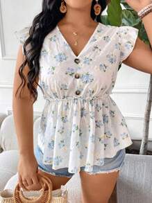 Flirla Plus Size Women's Random Printed V-Neck Shirt - Apricot - View 5