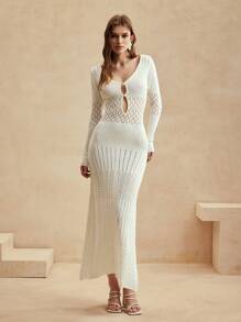 Anewsta Holiday Leisure Solid Color Hollow Out Knitted Fish Tail Long Cover Up Dress For Summer Beach Vacation