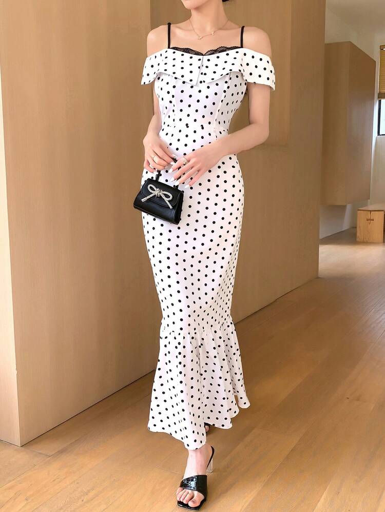 Women's Fashion Lace Polka Dot Open Shoulder Tank Dress