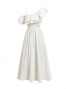 Seusyu Women's Solid Color Asymmetrical Neckline Draped Ruffle Hem Summer Dress