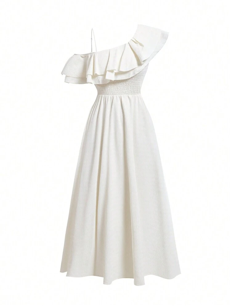 Women's Solid Color Asymmetrical Neckline Draped Ruffle Hem Summer Dress