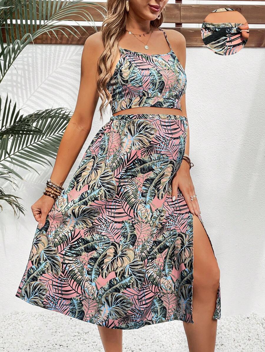 SHEIN Maternity Printed Simple Daily Wear Cami Top And Skirt Two Pieces Set - Pink - View 1