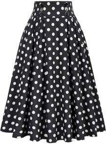 Franclia 大码波点印花优雅A字裙，腰部收褶设计，适合夏秋季穿着 - 黑與白 - 查看 1