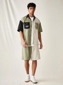 Manfinity VCAY Men's Fashionable Woven Casual Patchwork Letter Printed Casual Short Sleeve Shirt And Shorts Set, Daily Wear - Multicolor - View 4