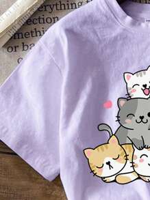 SHEIN LMoss Kids Áo thun cổ tròn tay ngắn in hình mèo hoạt hình đơn giản và vui nhộn Tween Girl, thích hợp cho mùa xuân hè - Màu tím - Xem 4