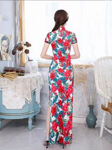 Fikoo Đầm Qipao kiểu Trung Quốc dành cho nữ, Sườn xám dài vừa vặn - Đỏ - Xem 2