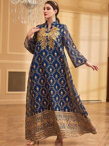 Siskakia Eid Muslim Dress Sequin V-Neck Gold Floral Print Mesh Loose For Women Party Modest Clothing Moroccan Islamic - Navy Blue - View 4