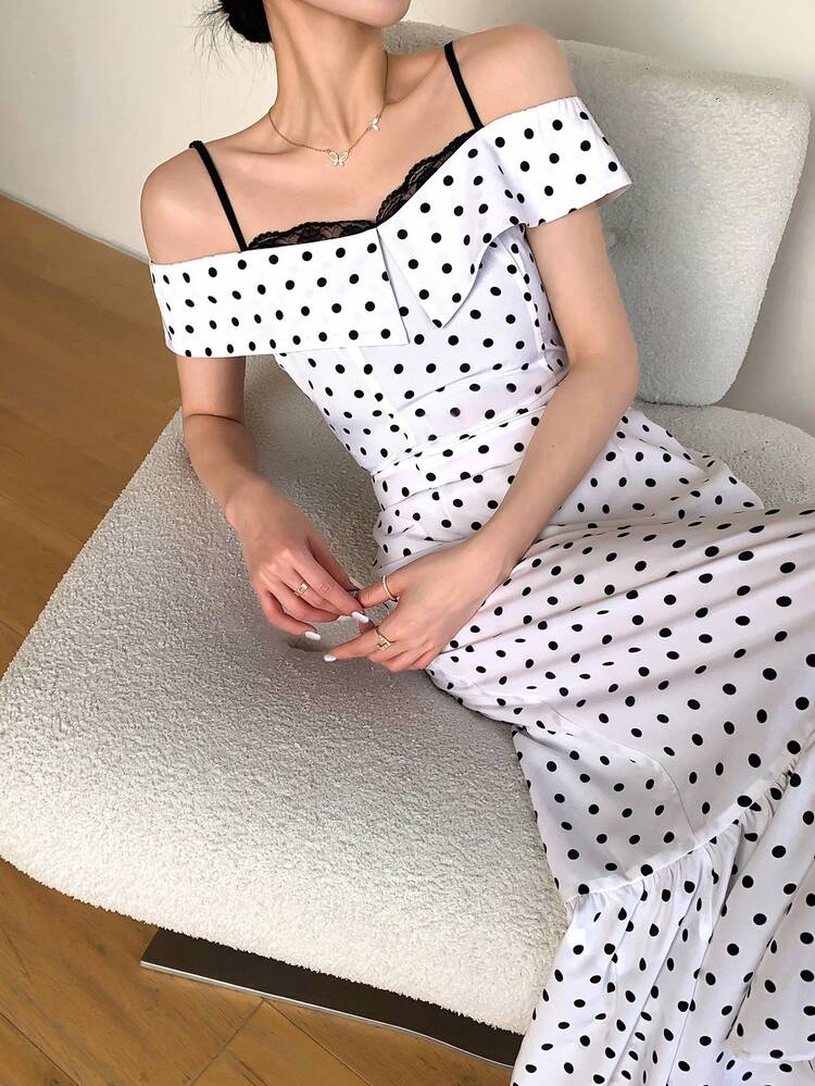Women's Fashion Lace Polka Dot Open Shoulder Tank Dress