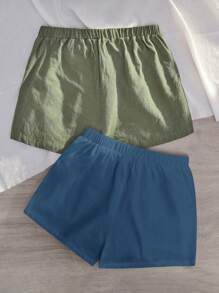 SHEIN EZwear 2 条装纯色松紧腰系带斜口袋短裤