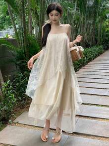 DAZY 女式不对称下摆夏季连衣裙，带吊带连衣裙舞会礼服 - 米色 - 查看 6