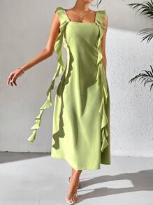 Chiquease 女士夏季純色綁帶娃娃領普通吊帶連身裙 - 綠色 - 查看 5