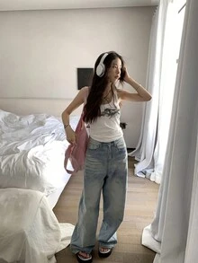 女士基本款簡約夏季坦克頂部，印有口號印花