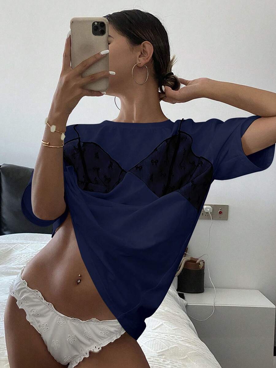 DAZY Mesh Contrast Color Round Neck Loose Fit Long Short Sleeve Women's T-Shirt - Navy Blue - View 1