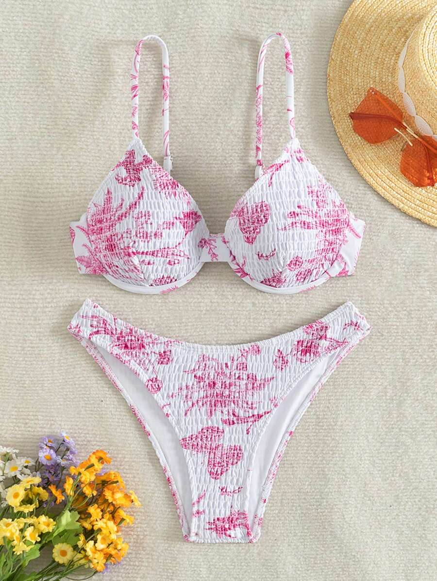 SHEIN Swim 女士夏季海灘印花露背性感比基尼套裝,花朵印花,隨機 - 粉色 - 查看 1