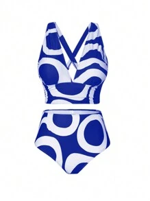 Swim Oasis Traje de baño para mujer de talla grande, conjunto de tankini diario impreso y sencillo - azul real - Ver 7