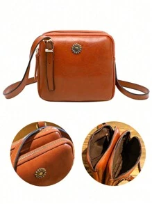 1PC Vintage Style Double Compartment Crossbody Bags, Casual Square PU Shoulder Bag For Women's Gift, Ladies Daily Handbags And Purses
