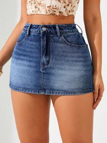 Breezaya Solid Color Denim Shorts With Pockets, Elegant Style For Summer - Dark Wash - View 5