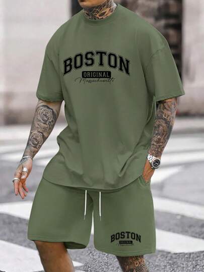 Manfinity Homme Men's Plus Size Fashionable Casual Printed Short Sleeve T-Shirt And Shorts Set , Vacation , Fashion , Plain , Letter , Boston