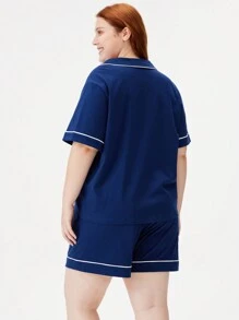 LUVLETTE 女士加大码柔软纯棉基础款纽扣睡衣套装，100%纯棉家居服套装，女士平角内裤套装 - 藏蓝色 - 查看 7