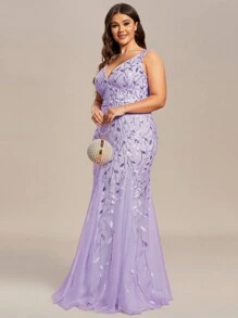 EVERPRETTY Váy đuôi cá đính sequin cổ chữ V sâu không tay cỡ lớn thanh lịch trang trọng dự tiệc cưới, tốt nghiệp, váy dự tiệc tối - Màu tím hoa cà - Xem 4