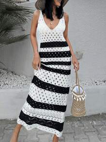 RueChic Rochie subțire fără mâneci, tricotată din croșetat în dungi pentru femei, pentru vacanța de vară la plajă