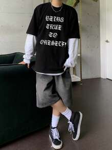 DAZY 男士夏季休閒合身字母印花圓領休閒T恤 - 黑色 - 查看 5