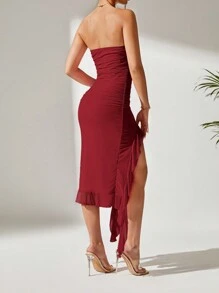 SHEIN PETITE 褶皺分裂大腿荷葉邊圓管夏日粉色連衣裙 - 酒紅色 - 查看 2