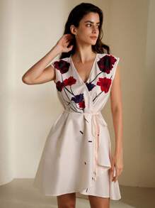 Aveloria Modichic Sukienka damska w stylu vintage, z kwiatowym nadrukiem, bez rękawów, z otwartym przodem i paskiem, elegancka i urocza - Wielokolorowe - Zobacz 7