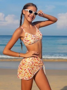 Tween Girl Printed Bikini Set With Beach Skirt Summer Beach - Multicolor - View 5