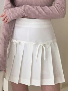 DAZY 女式纯色褶饰蝴蝶结腰带迷你裙秋季半身裙 - 白色 - 查看 5