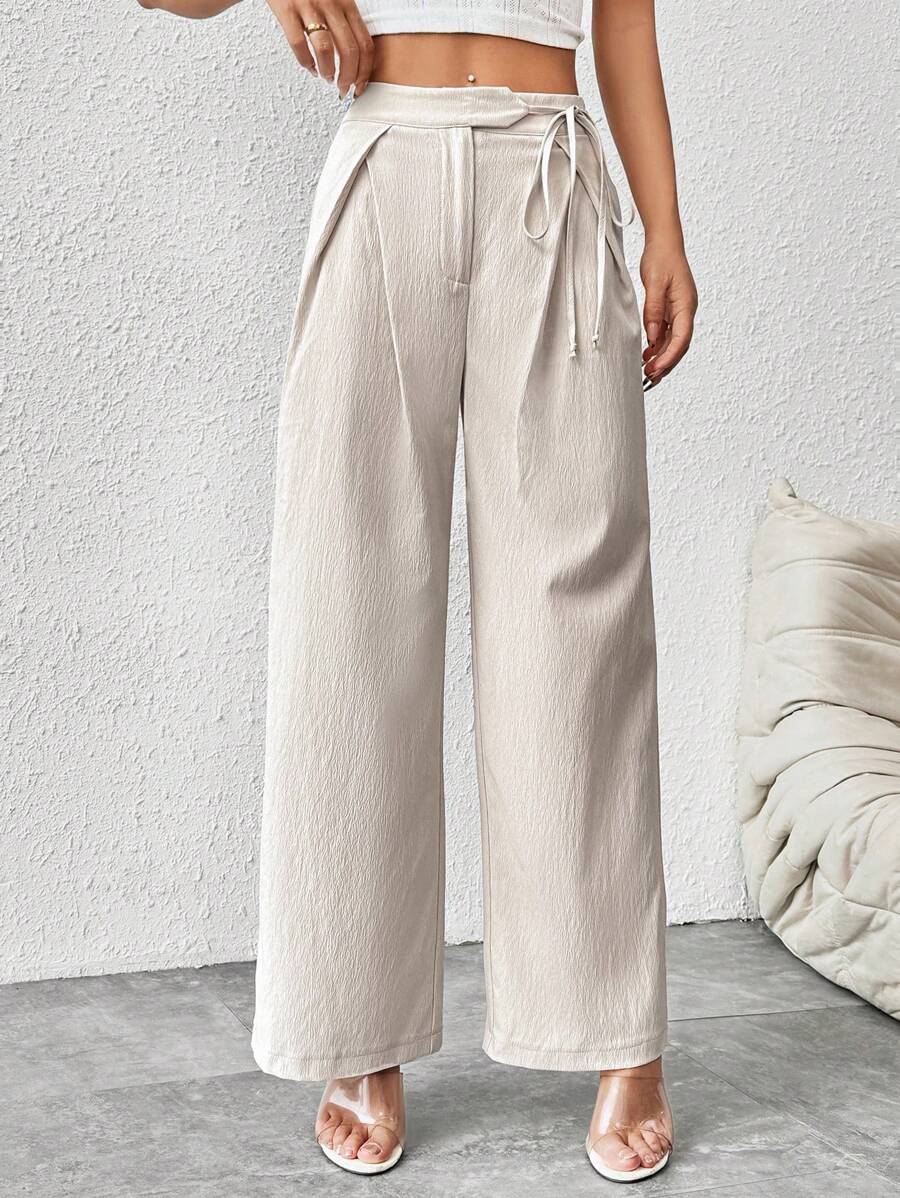 SHEIN PETITE 高腰褶皺細節扭結側邊寬褲 - 卡其色 - 查看 1