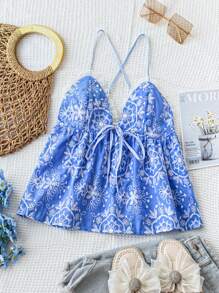 Soleia Women's Summer Romantic Countryside Style Embroidered Collar With White Flowers On Blue Background, Lace Patchwork, Front Bowknot, Strap, Open Back, Cross Design, Perfect For Afternoon Tea Party, Graduation Season