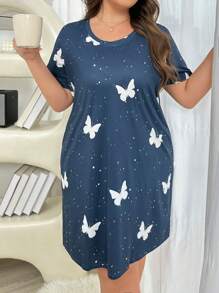 Vestido de pijama de manga corta con estampado de mariposa y cuello redondo, para uso en verano, talla grande