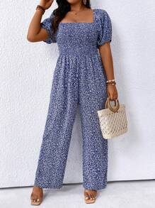 Breezaya Fashionable Plus Size Women's Boho Square Neck Floral Jumpsuit With Wide-Leg Design, For Summer
