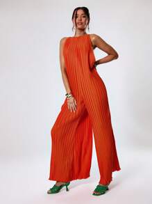 MUSERA Plisse Wide Leg Jumpsuit Elegant Graduation Prom Wedding Guest Summer Spring Holiday - Orange - View 3