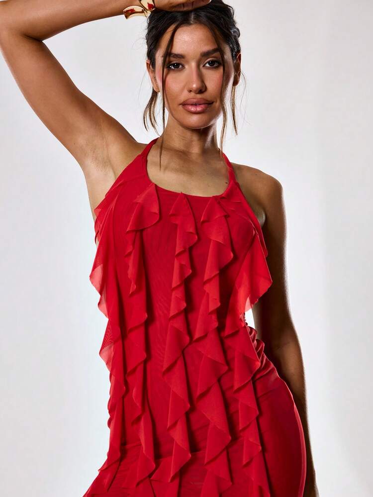Frill Detail Chiffon Mini Dress Sexy Cute Spring Summer Party Going Out Vacation Carnival Festival