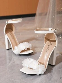 Timesize 時尚白色花朵款女士涼鞋，女性厚底涼鞋，正式工作鞋，婚禮鞋，女性正裝鞋，辦公室鞋，夏季高跟涼鞋，新品到貨 - 白色 - 查看 5