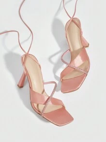 CUCCOO SZL 时尚浅粉色宝石带高跟凉鞋性感派对坏蛋时尚别致华丽风格 - 粉色 - 查看 3