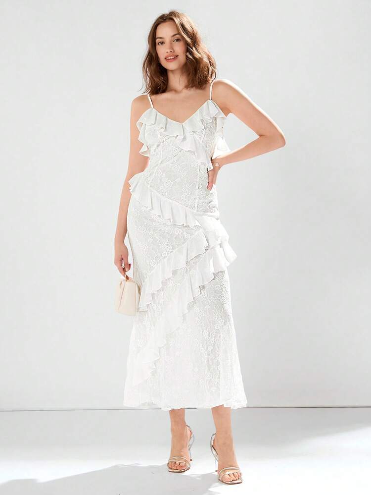 Vestido de Alça de Espaguete Feminino Elegante e Romântico com Babados em Estilo Bodycon para o Verão