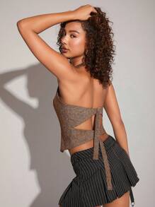 Hauture Flap Pocket Buckle Back Halter Top - Khaki - View 2
